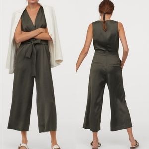 Dark khaki green sleeveless tie-belt jumpsuit